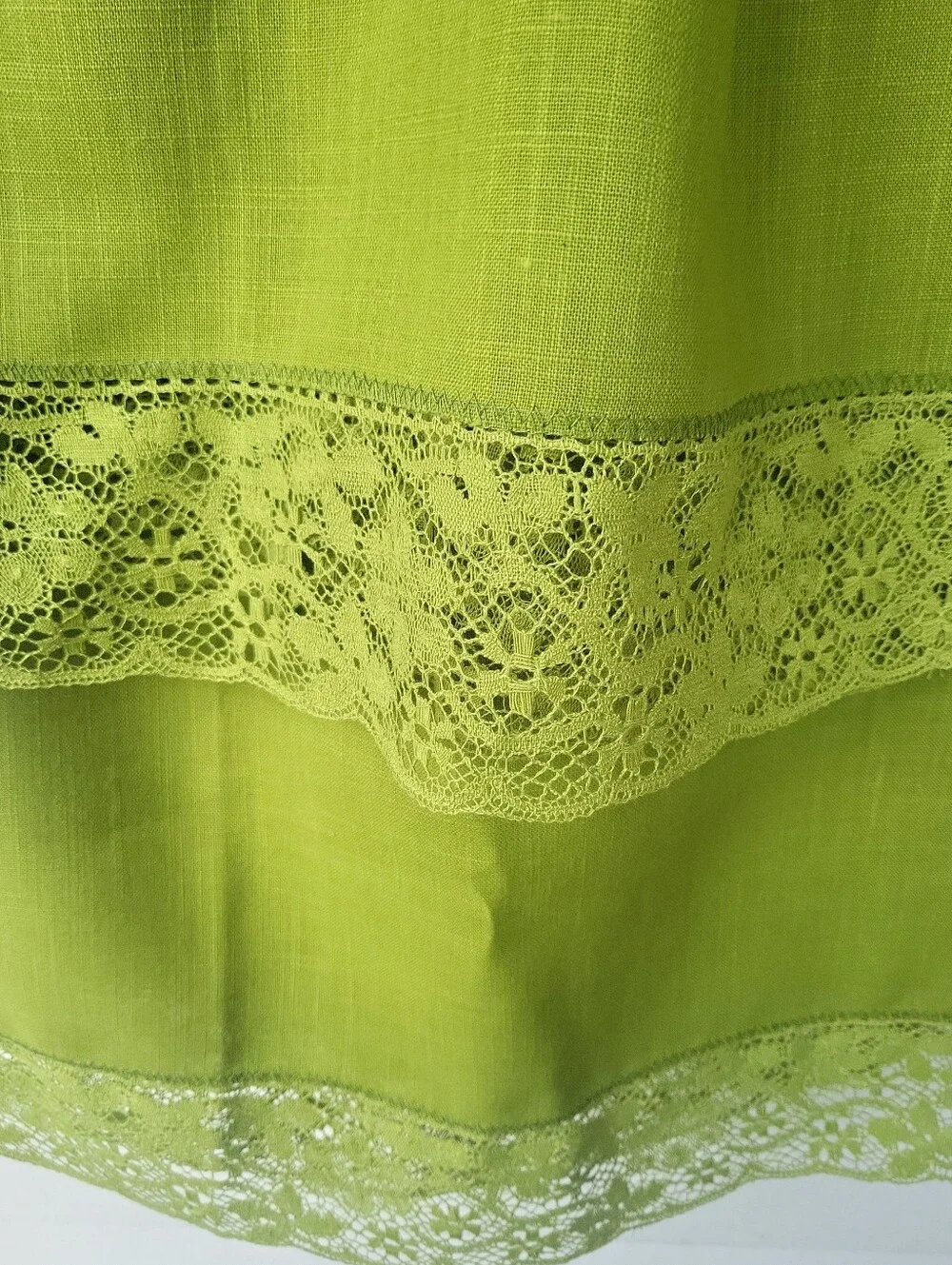 Vintage MCM Avacado Chartruese Green Lace Trimmed Rectangle Tablecloth 80